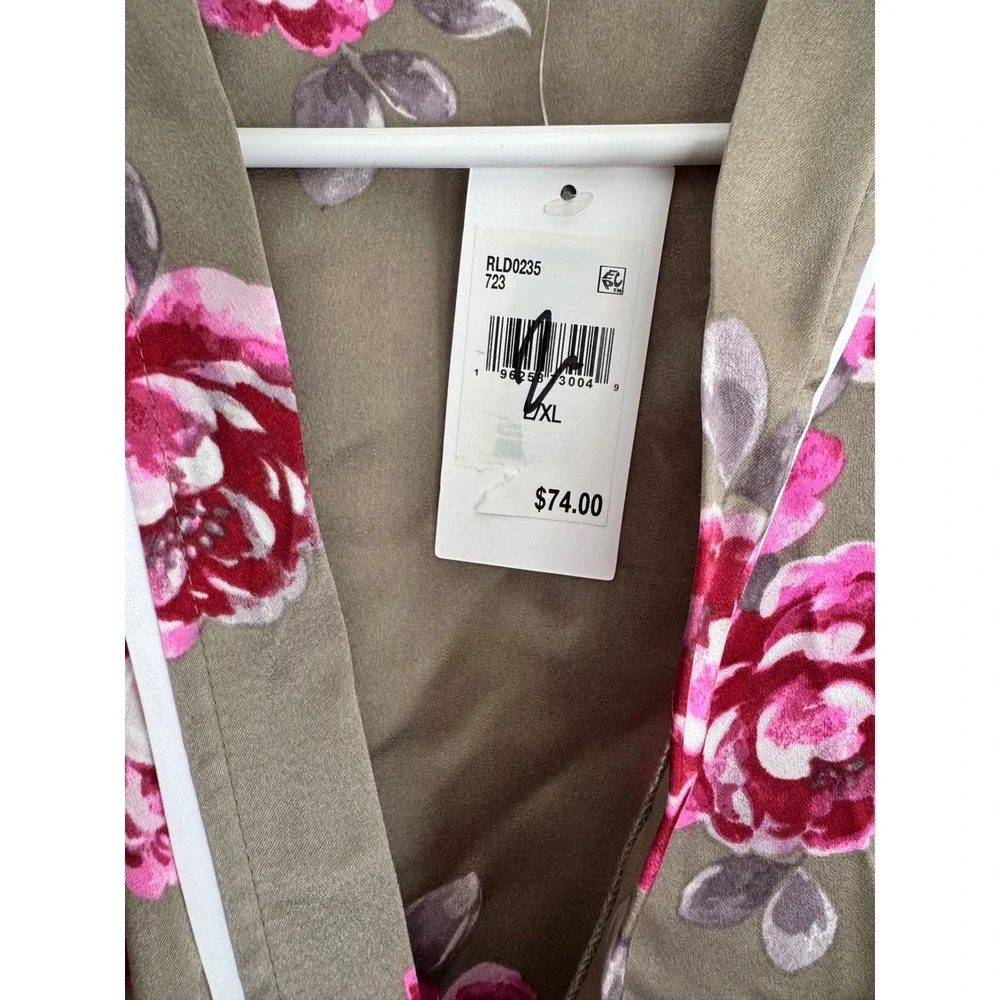 NWT Splendid Floral Satin Robe Long Pink Roses Taupe Olive Green NWT L XL